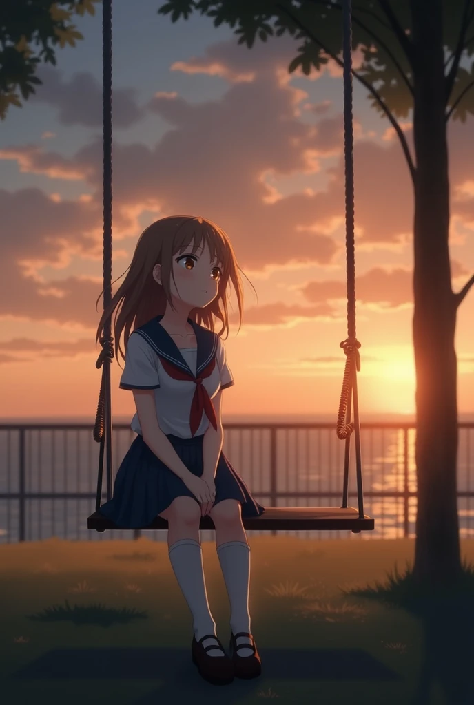 opening scene]: the sun setting on the horizon, dyeing the sky in shades of orange .  The camera focuses on a lonely girl in school uniform sitting on a park swing.  The gentle wind causes her hair to sway as she looks up at the sky , with a melancholy exp...