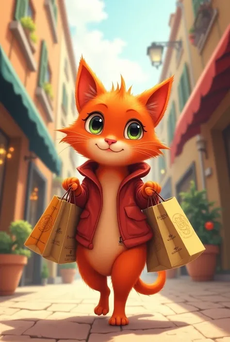 Illustration of a red cat coming back from shopping