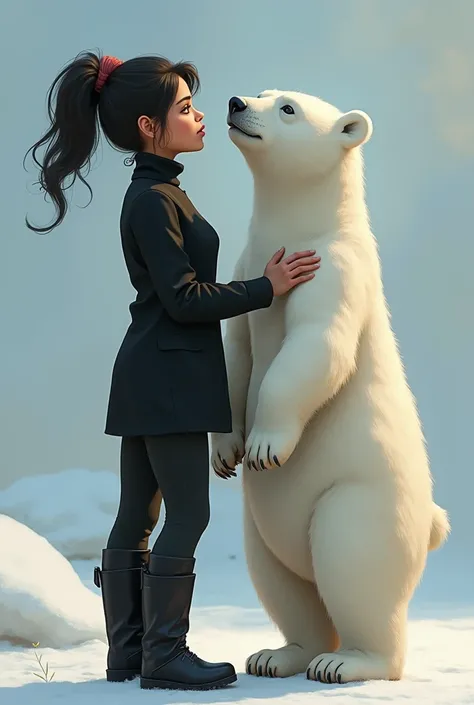 A white cute polar bear, standing beside a Nepali girl who has her hair tied up in a hair bun and her hair are black.. the girl isnt wearing any makeup and looks mature for her age, shes 26 years old. shes wearing a black turtle neck and black pants with b...