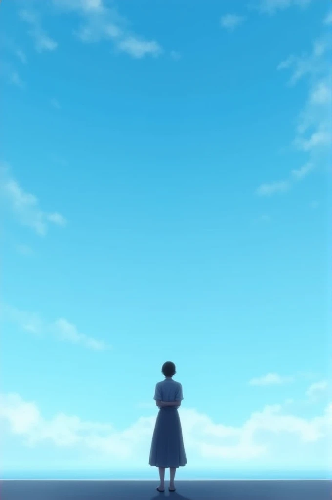 a person looking at the horizon, with a blue sky and white clouds.
details:  The person must have their back to the spectator,  with arms crossed or resting on the waist . The horizon must be clear and defined .