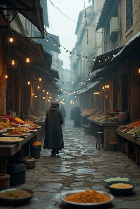 A bland world without spices, desaturated colors, empty market stalls, plain meals on tables. Cinematic, UHD, realistic, cold tone