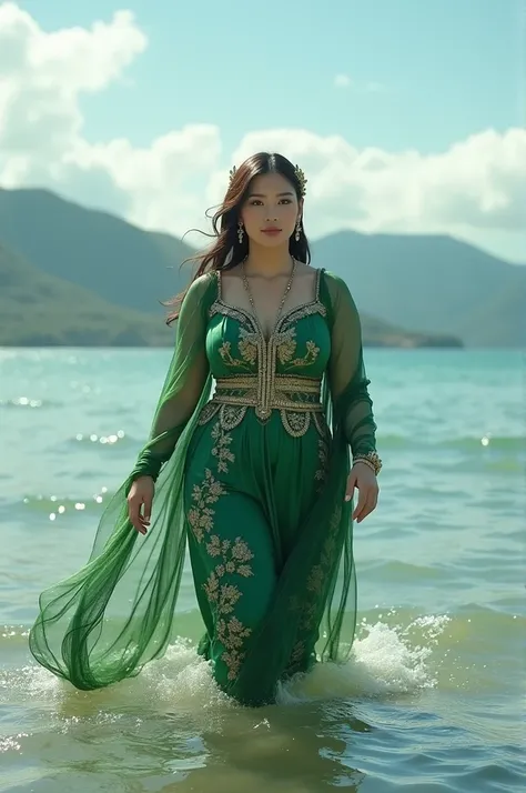 42 year old Indonesian female celebrity, very beautiful face, very nice body, plump, slim stomach, very big and round breasts, big buttocks, wearing a green kebaya with intricate motifs, a shawl with hair accessories, posing walking in the middle of the va...