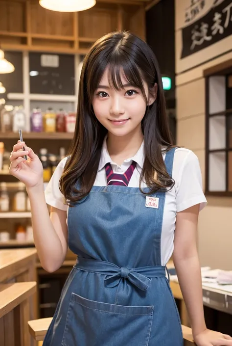 居酒屋でお客さんと話しているhigh school studentぐらいの女性, Inside a store full of customers , Busy atmosphere, Upper body details, Detailed Hair,Detailed face,Detailed eyes, Mouth details,Natural look, Detailed hands,Detailed waist , apron, masterpiece,8k,16k,photograph,pho...