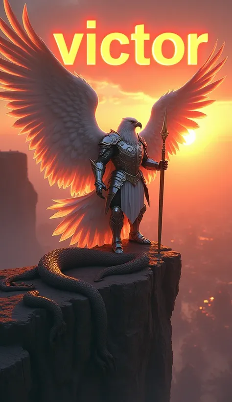 "An intimidating eagle knight, with gleaming silver feathers and radiant white armor, stands triumphantly on the edge of a cliff, overlooking a battlefield. His wide, powerful wings stretch out as he grips a shining lance in his hand. Below him, a defeated...