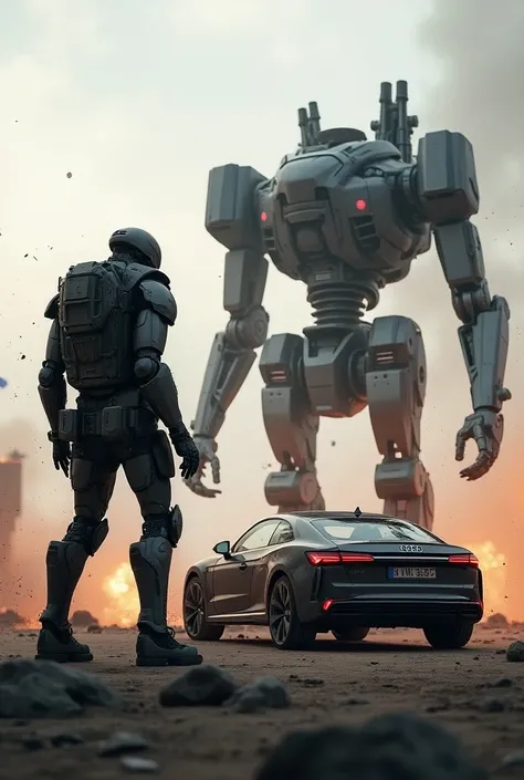 Audi and war robot face to face and background is fighting