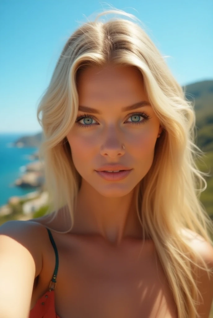 (photorealistic), high-quality, blond russian influencer, taking a selfie in sicilia, ultra gorgeous women