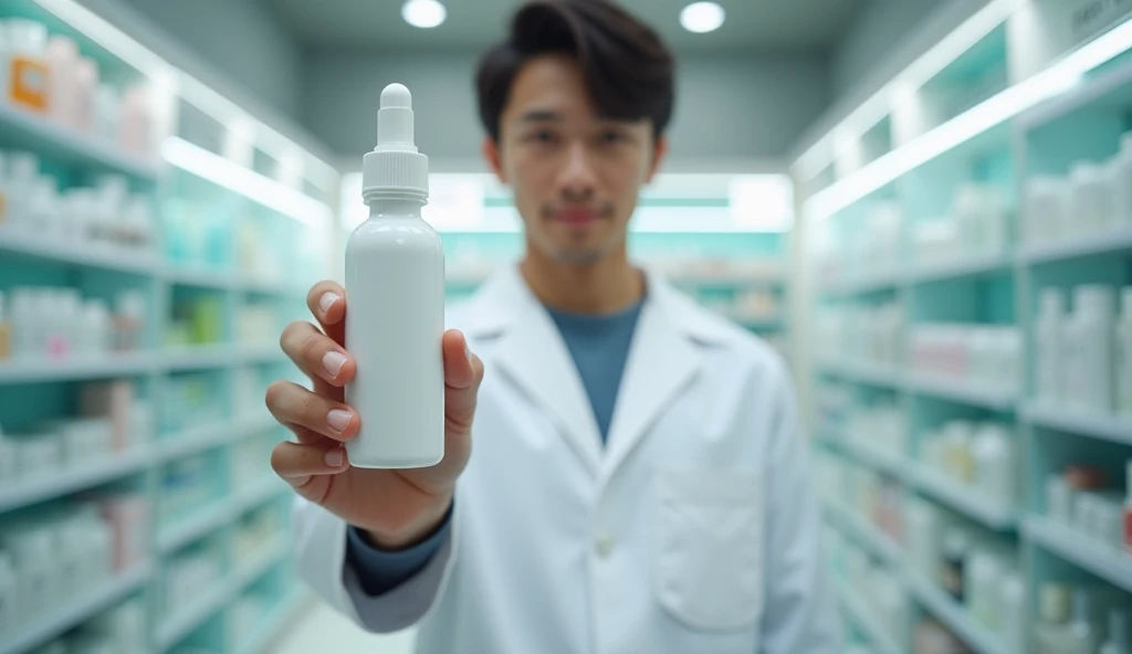 full body, a young salesman, one hand showing a dangerous white medicine bottle, close to the camera, 120mm focus lens, focus on the product, complete white coat, long sleeved coat, full body, cosmetics shop background, normal hands, normal fingers