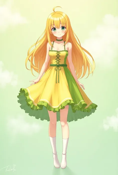 Young girl, teen girl +14, half-down hair, blonde hair, long low hair, anime eyes, fringe spiky, small breasts, bodice , overskirt yellow green, full body, legwear white, no shirt