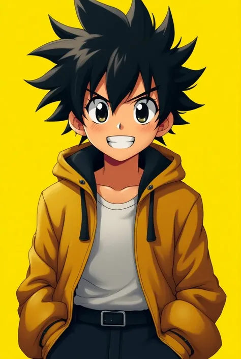 screencap, Style, anime boy, with messy black hair, Big, expressive eyes,  with a defined body and unique clothes,  athletic and striking face, Yellow background.