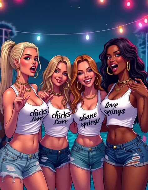 4 women laughing and screaming having a good time taking pictures, excited, they all wear a white tanktop written "chicks love shane springs" graffiti style, Kim Kardashian with straight bleach blonde hair in a ponytail, showing heart sign with hands, with...