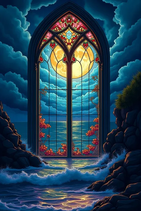  a master illustration for coloring, full moon,  vibrant multicolored stained glass  , detailed glass windows  , dramatic clouds, waves breaking, rocky coast, moonlight,  dramatic lighting ,  cinematographic , photorealistic,  Intricate details ,  Ultra de...