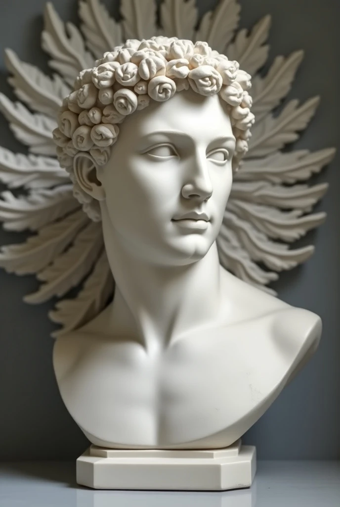 " design Made of the finest marble bust of the Greek god Apollo.  The bust should reflect his ideal beauty and grace , with a laurel wreath ,  that is gently placed around his head .  A radiant sun symbol should be incorporated in the background ,  which r...