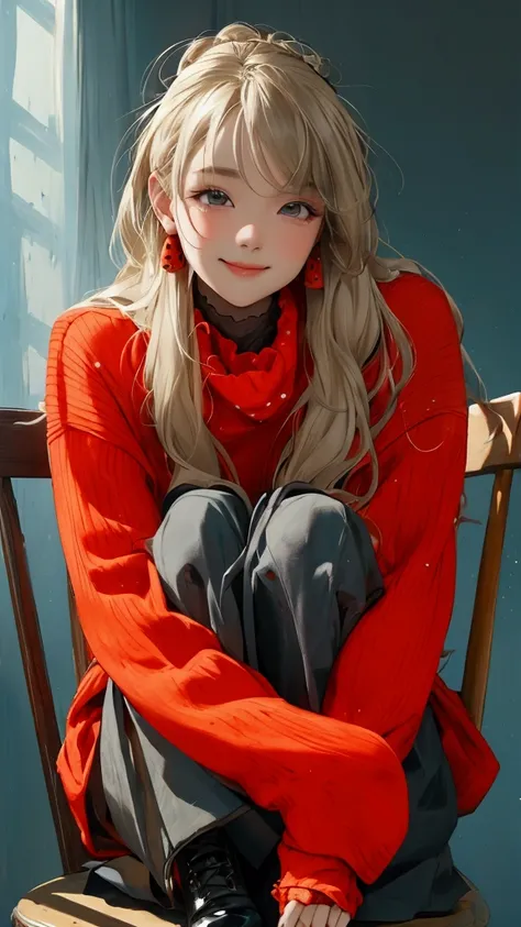 Woman sitting on chair、blonde、Long Hair、Hair tied up、 Red Oversized Sweater 、 Grey Ruffle Long Skirt  、  black high heels 、Holding her one knee 、whole body、  Abstract Light Polka Dot Background 、shot from side, look ar viewer,little bit smile