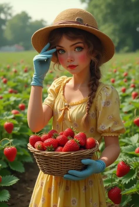 A strawberry garden ...a  20s girl taking strawberrys in a basket 🧺 she wearing a yellow floral frock,,a farmers hat,, plastic blue gloves on hand ,,she is sweating,,with one hand she is trying to remove the sweat from her forehead,,,