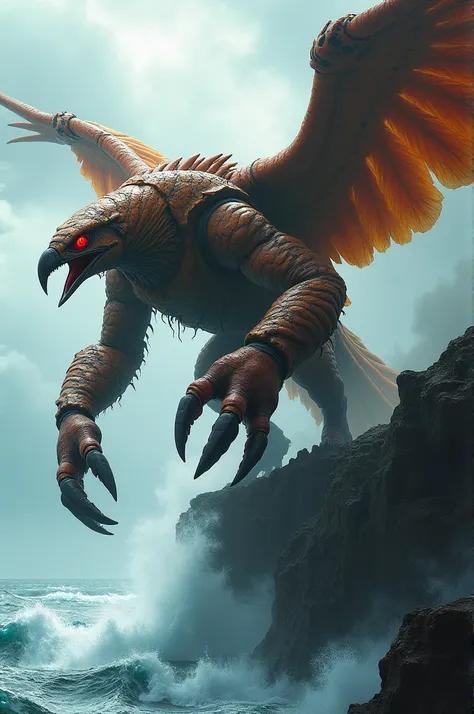 A fearsome hybrid of a crab and an eagle, standing tall on a rocky cliff, fills the vertical frame. Its body combines a hard, armored crab shell with the powerful features of a bird of prey. The massive claws are menacing, tipped with razor-sharp edges, wh...