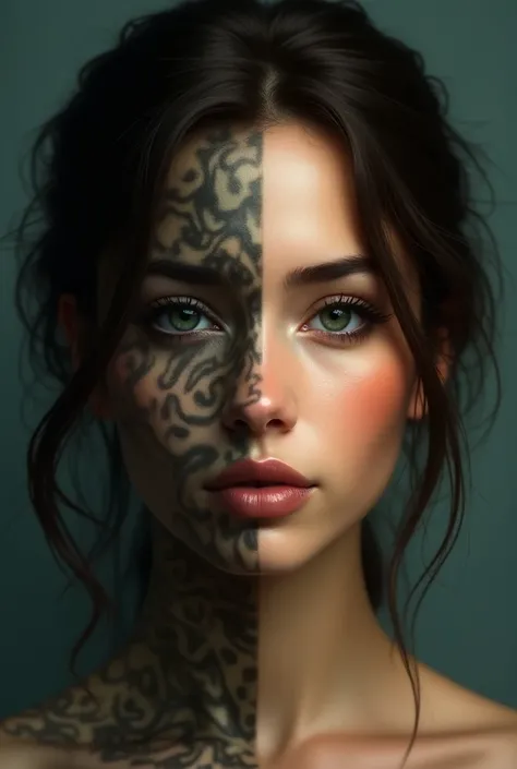 One face two sides of a beautiful woman with dark brown hair, large beautiful eyes. One side indicate darkness, fear, sadness, anger and all negativity. Others ire indicate happiness, love, joy, joy and all positivity