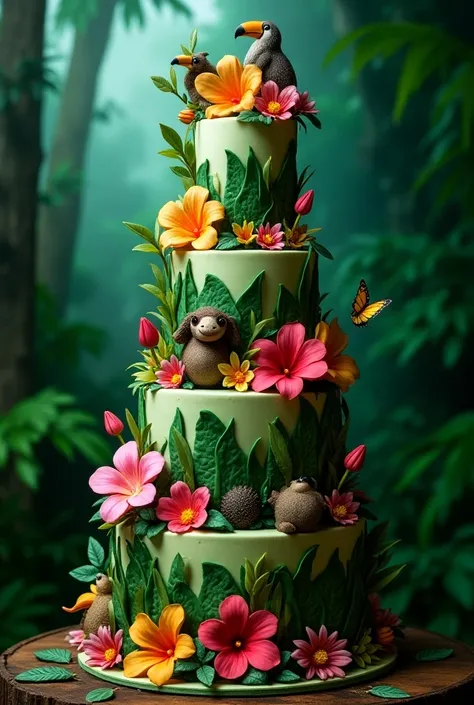 Fait moi un gateaux sur plusieurs etage dans le theme de la jungle