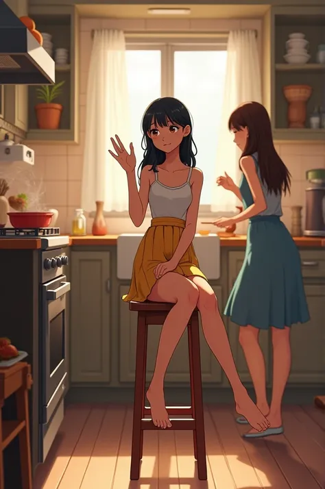 Phiki, sitting on a kitchen stool, raises her hand lazily, suggesting, "Just add a little salt!" She looks relaxed and uninterested, while the other sisters continue their chaotic cooking.
