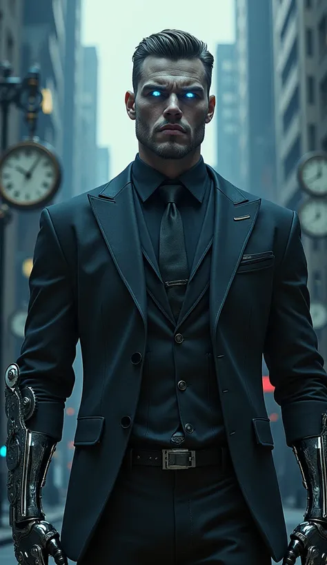 (photorealism:1.2), "A villain inspired by Tuesday, depicted as a male figure from the chest up. He wears a sharp, almost militaristic suit with dark, metallic accents, symbolizing relentless ambition and pressure. His face is angular and intense, with eye...