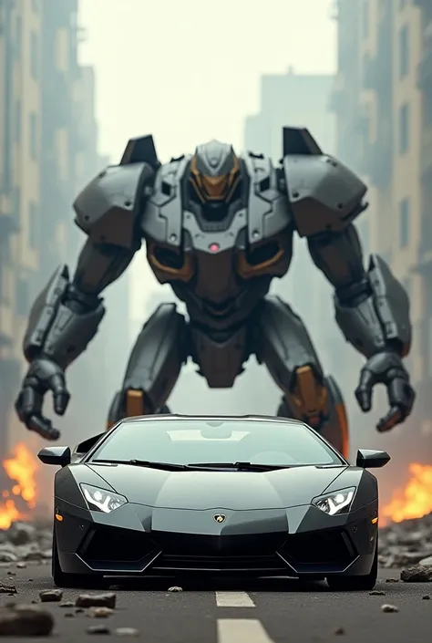 Lamborghini and war robot face to face and background is fighting