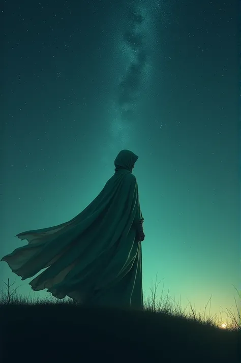 The photo shows a person in a long flowing robe and a hood standing on a hilltop, looking out at a star filled night sky. The person is silhouetted against the bright light coming from the sky, with a long shadow extending from their feet down the hill. Th...