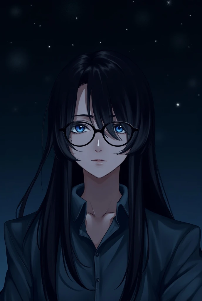 Handsome guy, looking like a girl,  with long dark hair, very long straight hair,  blue eyes , glasses,  night sky background with stars , picture caption midorinkakun  