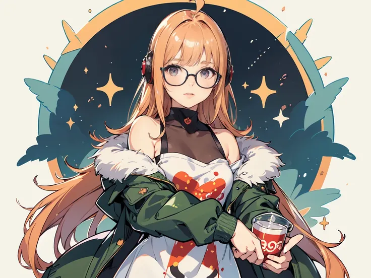 Muste Peace, Best Quality, High resolution, 1 girl, Sakura, Straight bangs, Glasses, Black framed glasses, Ahoge,orange color hair、 Small breasts Purple eyes、 Glasses, Headphones, A jacket is a jacket, Off the shoulder, Fur trim, Fur jacket, Green jacket, ...