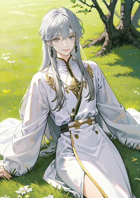 Silver Hair、Golden Eye、 slender、Correct limbs、Lying on the grass、smile、Masculine、Anime Style