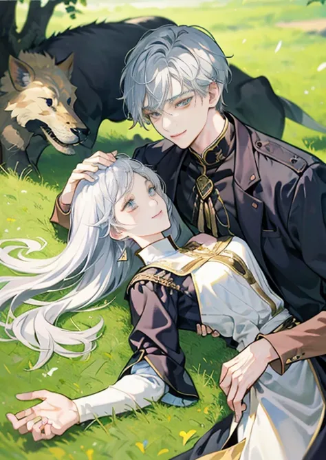 Silver Hair、Golden Eye、 slender、Correct limbs、Lying on the grass、smile、Masculine、Anime Style