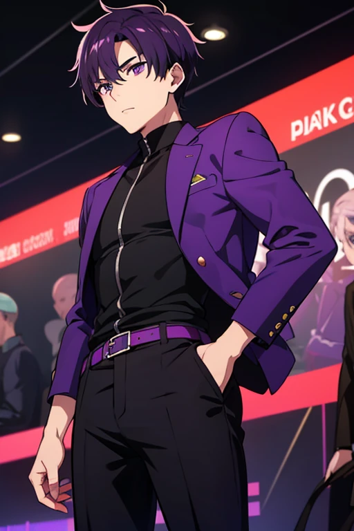 Teenage male with a defined body, dark purple hair, purple eyes, black shirt,  black pants , purple jacket