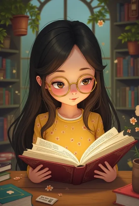  Girl with long straight hair with fair skin with golden glasses cartoon reading 
