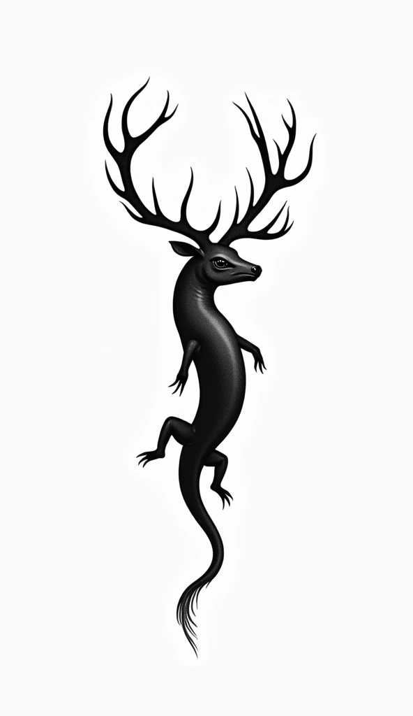 Minimalist blackwork tattoo design of a salamander with the head of an elk, drawn with clean, simple lines. The salamanders body is elongated and sleek, with its smooth, flowing form detailed in bold, black lines. The elks head emerges seamlessly from the ...