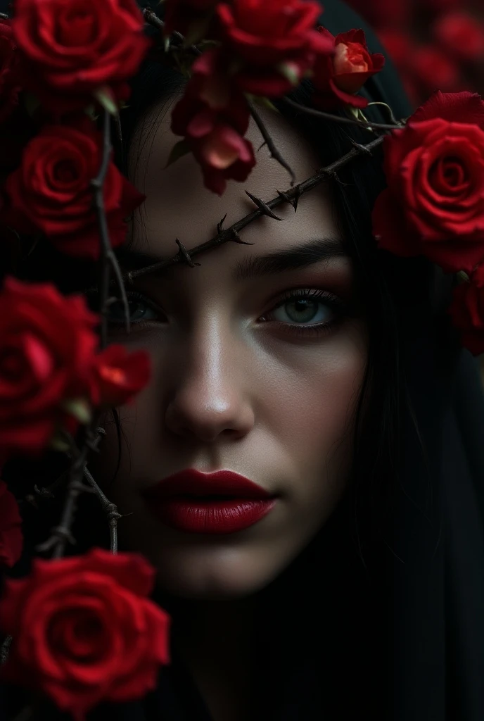 Close-up of a female face, side view, thin stems of red roses with leaves and thorns tightly braid the face, red lips, with a thicket of red roses in the background, high contrast, high quality, super realistic in horror suspense style, dark lighting, cine...