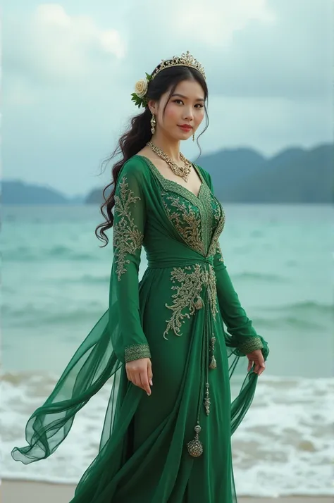 Indonesian female celebrity aged 42 years, very beautiful face, very nice body, plump, slim stomach, very big and round breasts, big buttocks, wearing a green kebaya with intricate motifs, a shawl, jasmine flower hair accessories, a queens crown hair acces...