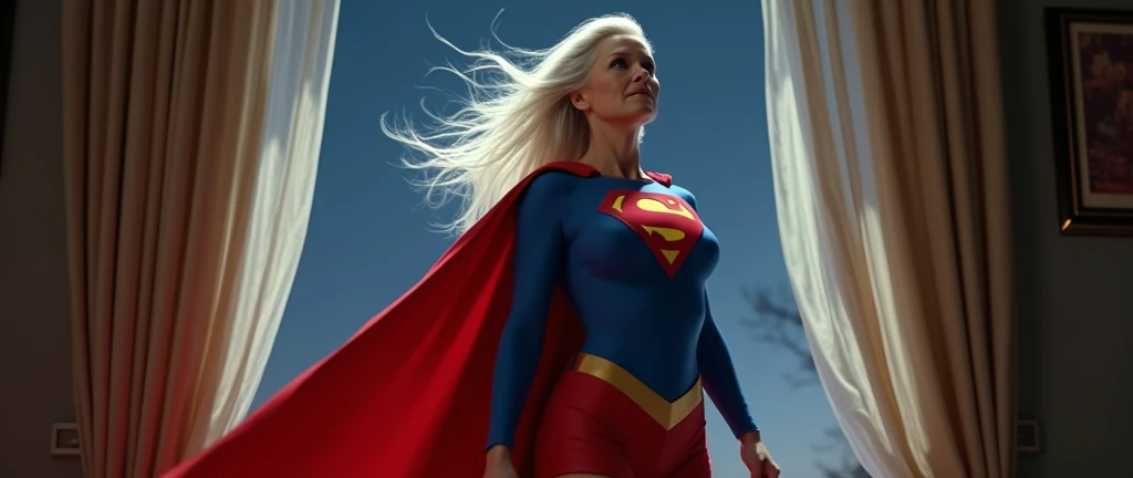 superstrong old Supergirl 1984S Jean Smart Supergirl;strong arms; white hair; incredible woman; big breasts. flying in through the window and landing delicately inside an apartment; floating outside a window; straight body; view from inside to outside, ful...