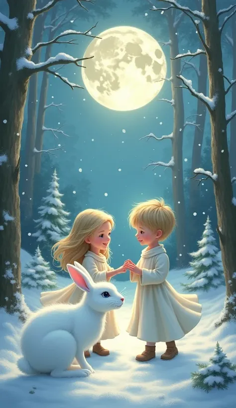 Fantasy picture . A blond boy and a blonde girl in white clothes are playing with a white hare in a winter fairy forest under the light of the full moon.