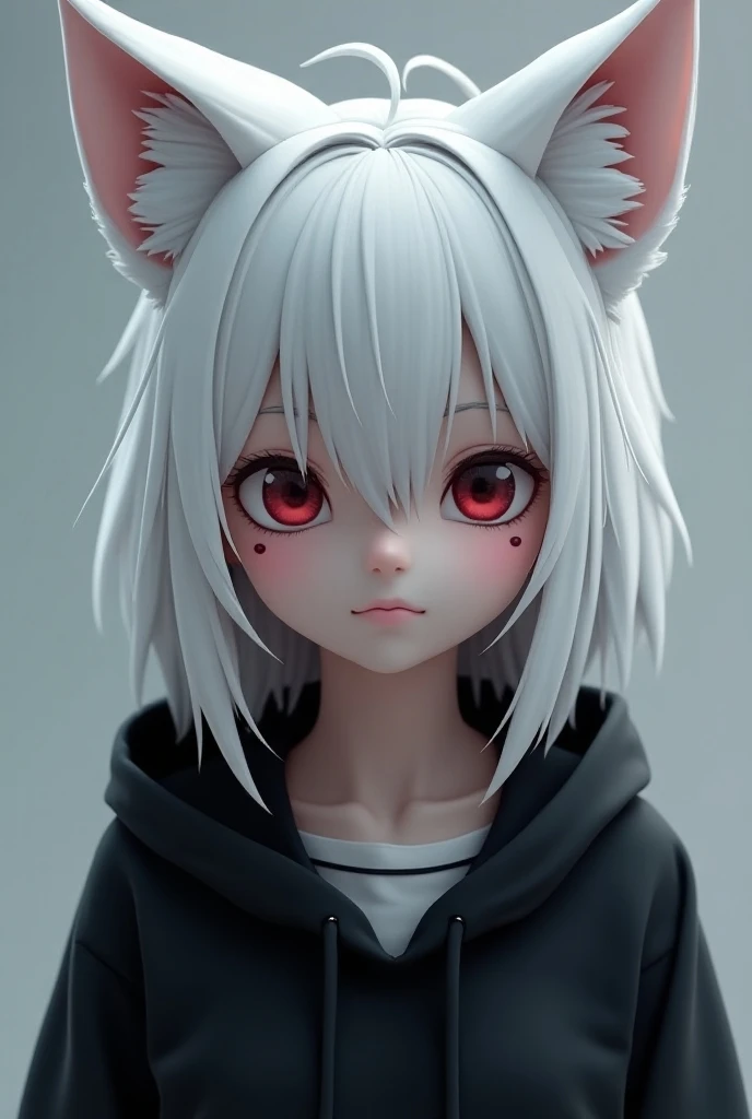 3d anime characters  female alone,  white hair and there are white fox ears,  cynical smile , wears a black Hoodie outfit 