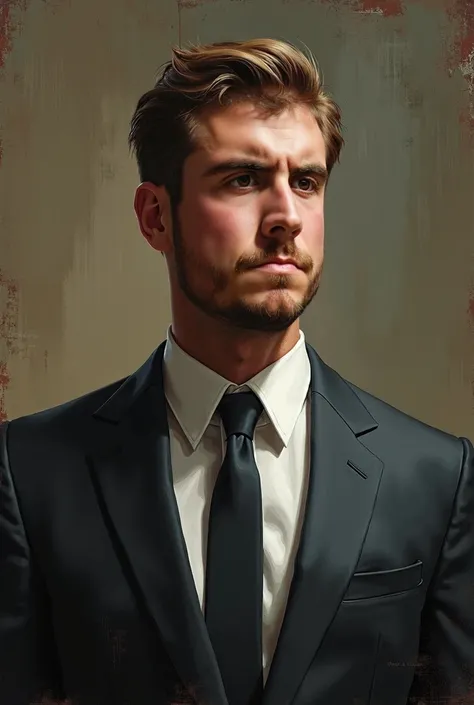 A serious-looking businessman in a suit, aggressive oil brush strokes, earthy colors, disappointed expression, highly detailed, photorealistic, dramatic lighting, 8k, best quality