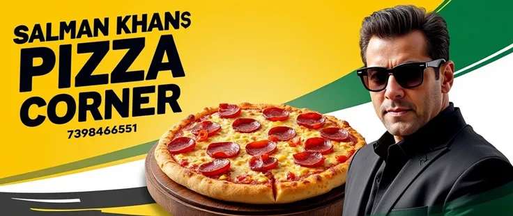 Create a poster in which it is written "Salman Khan Pizza Corner" and the poster is in designing and the color of the poster is yellow green white and black and the picture of pizza is there and on the side Salman Khan is wearing glasses and this is the pi...