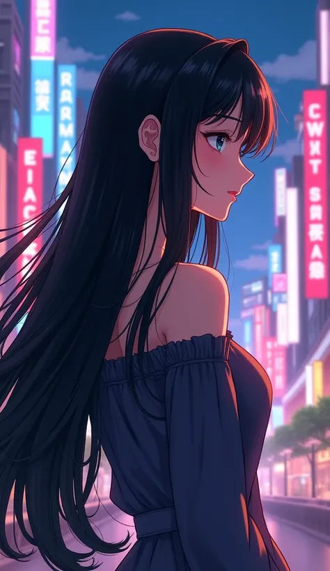 Black Hair,  1 girl,  very long hair, Mom, city pop,whole body,profile,anime,smile