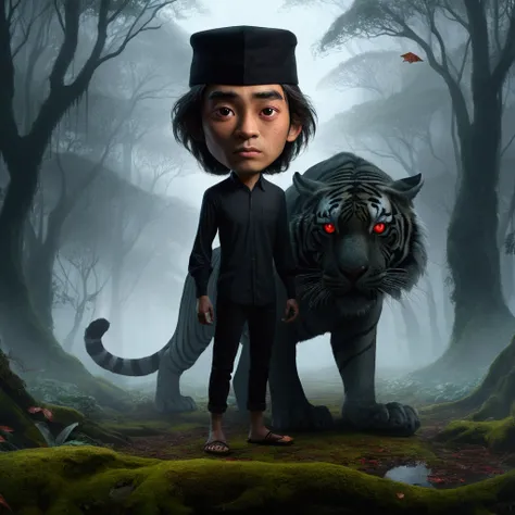 4d caricature image with a big head. A mysterious and ethereal scene set in a misty forest with towering trees in the background. A 25 year old young man is standing in the middle wearing a black kopyah, long-sleeved white shirt and flip-flops. long hair a...