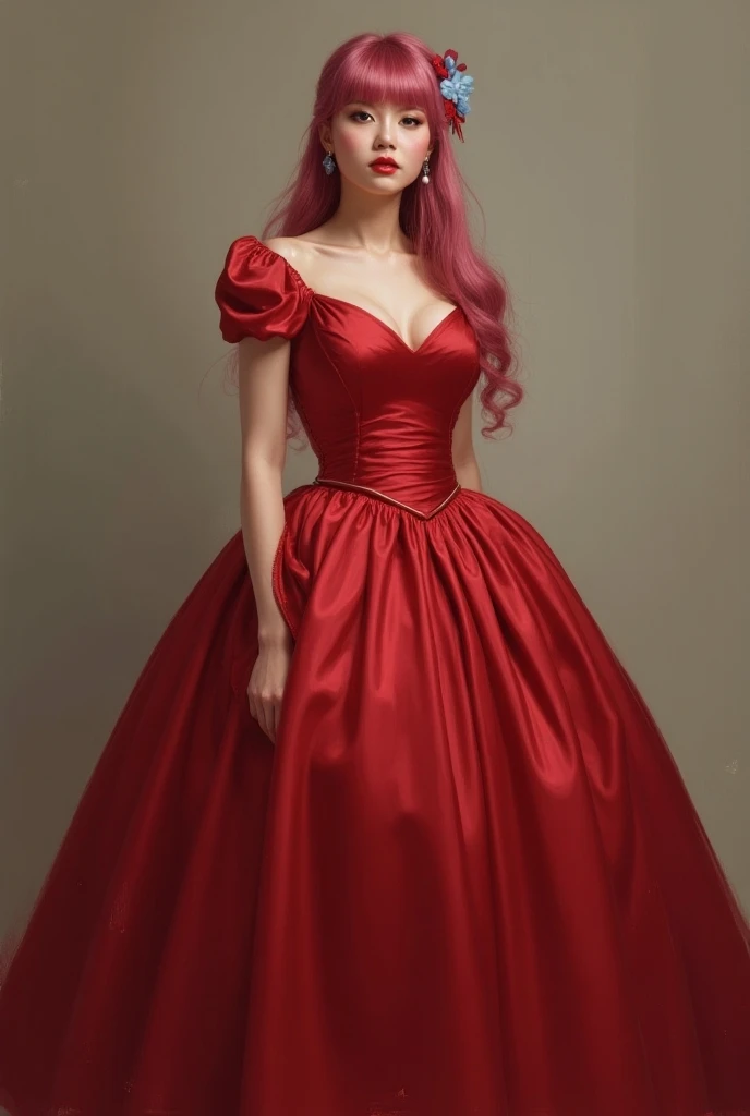  Empress aged 21 . Dark Pink, lush, but straight . to the shoulders.  With a blue hairpin on her bangs .  With beautiful feminine body and face shapes. bright pink eyes. soft skin.  Large red dress with a simple cut . the dress completely covers the girls ...