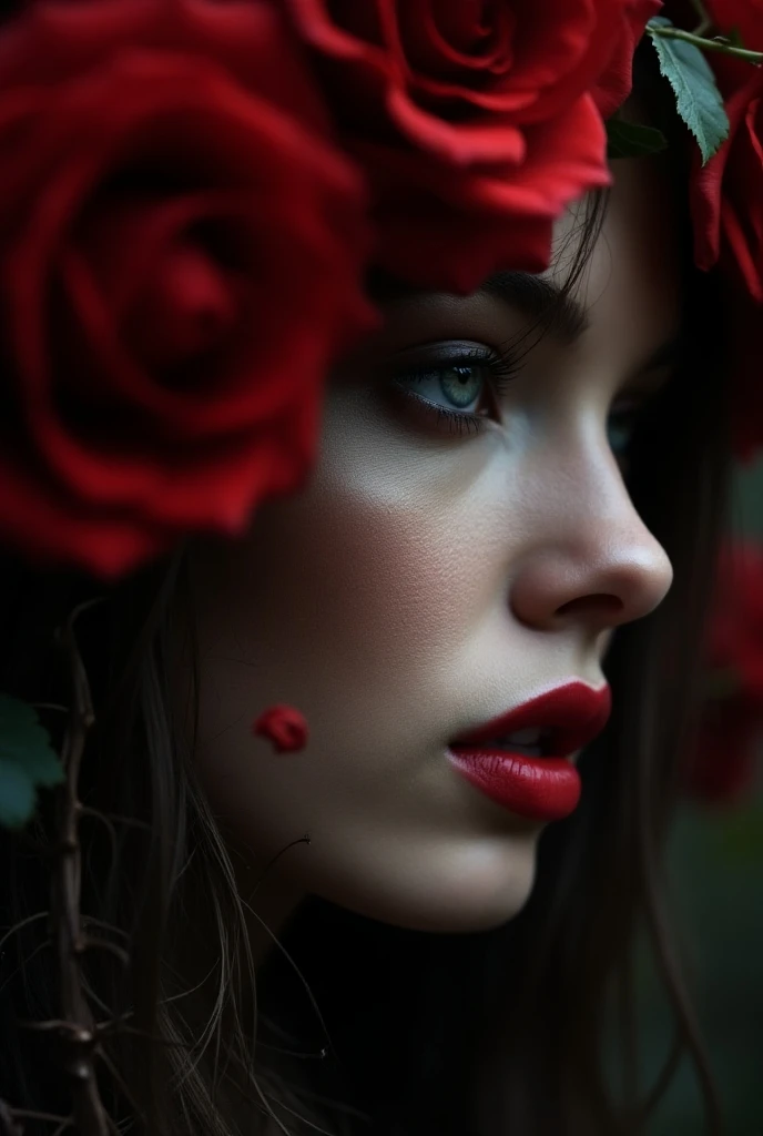 Close-up of a female face, side view, thin stems of red roses with leaves and thorns tightly braid the face, red lips, with a thicket of red roses in the background, high contrast, high quality, super realistic in horror suspense style, dark lighting, cine...