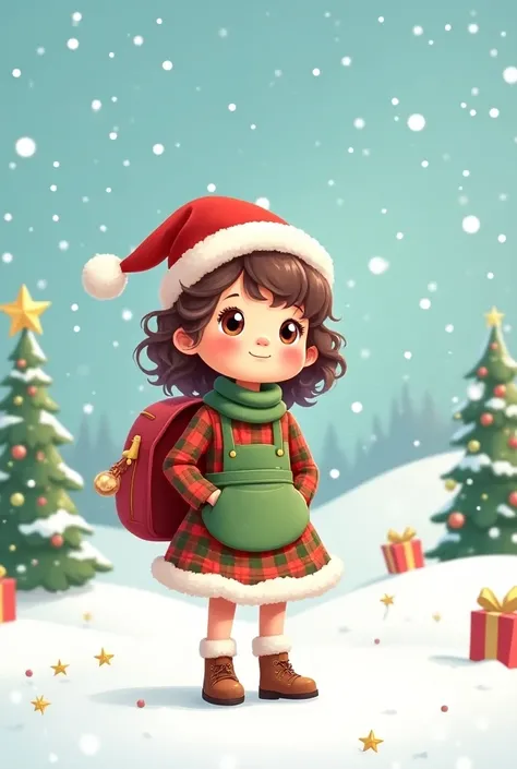 Create a cartoon-like background image of a girl in a Christmas costume with a small backpack