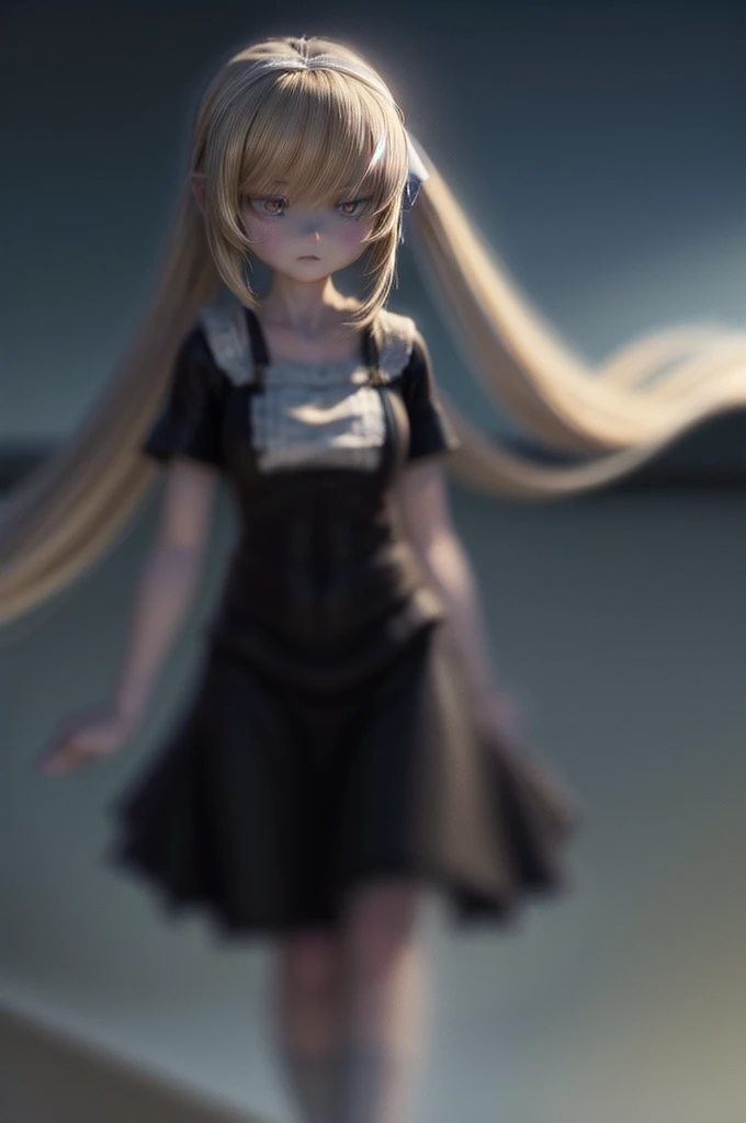 1girl, blonde_hair, long_hair, red_eyes, vampire, sharp_teeth, pale_skin, twintails, serious_expression, black_dress, gothic, st...