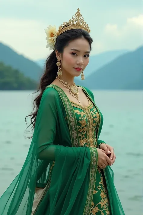 Indonesian female celebrity aged 42 years, very beautiful face, very nice body, plump, slim stomach, very big and round breasts, big buttocks, wearing a green kebaya with intricate motifs, a shawl, jasmine flower hair accessories, a queens crown hair acces...