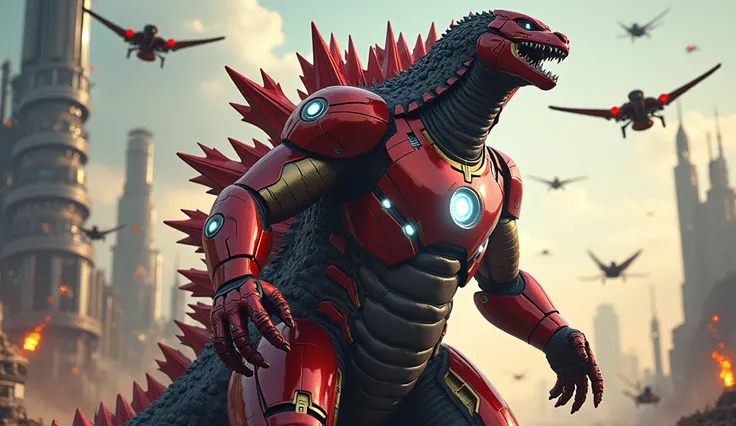 Godzilla clad in Iron Mans red and gold armor.  He has repellers in his hands and chest ,  capable of shooting powerful lasers ,  and his gold helmet shines with technological lights . scenario: A futuristic battleground ,  with drones and robots flying ar...