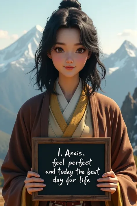  Beautiful woman with not very long black hair and brown eyes round face. on top of a mountain,  dressed as a brown and gold samurai warrior , Hold a blackboard that says  " I ANAIS FEEL PERFECT AND TODAY IS THE BEST DAY OF MY LIFE "