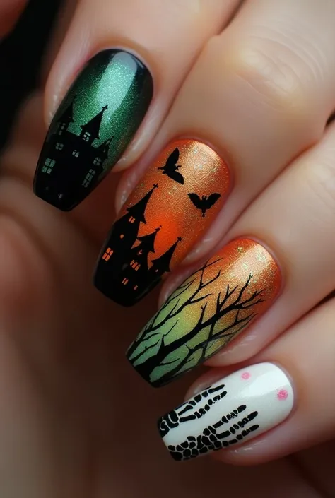 A collection of intricate Halloween-themed nail designs featuring a mix of gothic and playful elements. Include dark gradient nails transitioning from black to green with eerie haunted house silhouettes, orange nails with black bats flying across the night...