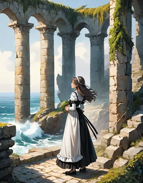 This captivating scene transports viewers to the base of an ancient watchtower, where a mysterious woman in a maid outfit stands beside a weathered stone column. The expansive ocean stretches out behind her, its rolling waves crashing against the rocky sho...